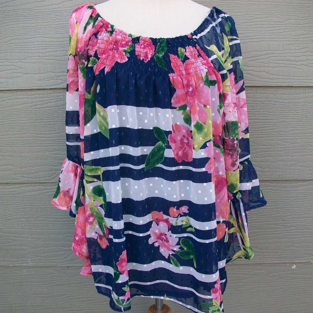CUPIO Top M Romantic Ruffle Shirt Floral Striped